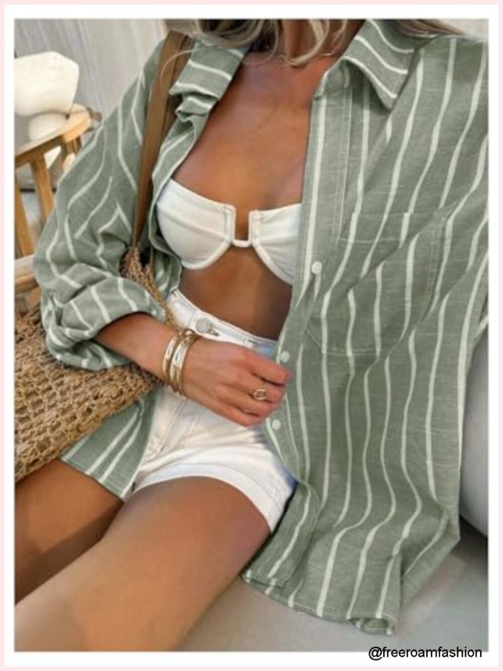 Oversized Striped Button Down Blouse Long Sleeve Tee Vacation Top - Picture 2 of 3